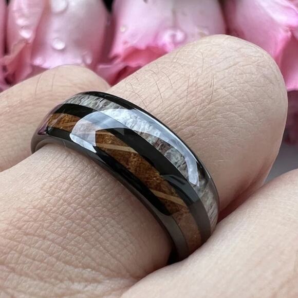 NEW 8mm whiskey wood and deer antler men's wedding band ring jewelry 11.5 B22A - Picture 8 of 10